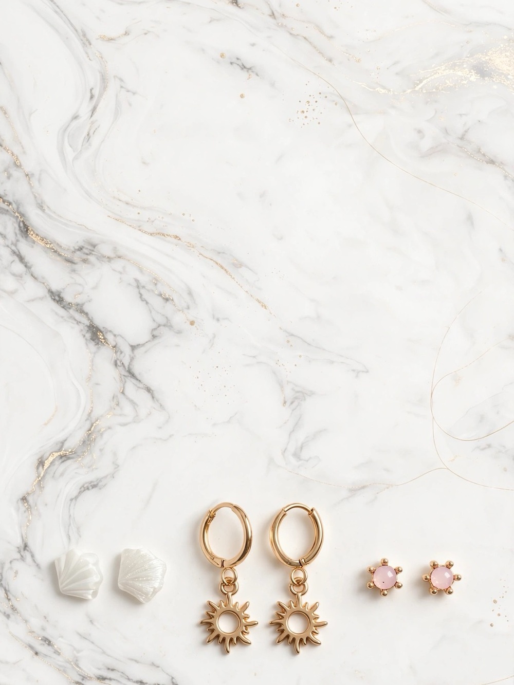 Fashion Jewelry Gold Sun Charm Hoops with Pink and White Studs